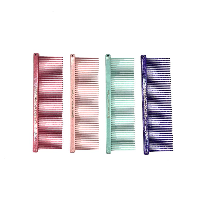 The Fine Greyhound Comb Finesse Collection features a smaller 4.5"L x 1.4"W extra fine tine for unrivaled styling control. This smaller design is great for smoothing most coat types in areas like the face or feet. The smaller, portable size is ideal for show and competition when last minute adjustments happen. "Sparkle" glittery color options.