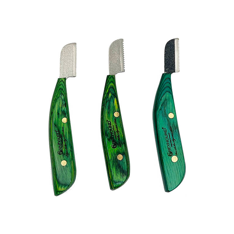 The Dan Sacko tools were developed to allow for versatile hand stripping techniques, coat rolling, and flatwork. The knives come pre-dulled and feature a textured finish for a secure grip. The ergonomic tropical wood handle is created to maximize comfort with a smooth finish wrapped around 3 sides. This set is for Right Hand dominant users. Left Hand dominant tools are available upon request. Tropical hardwoods are subject to variation. Left Handed.