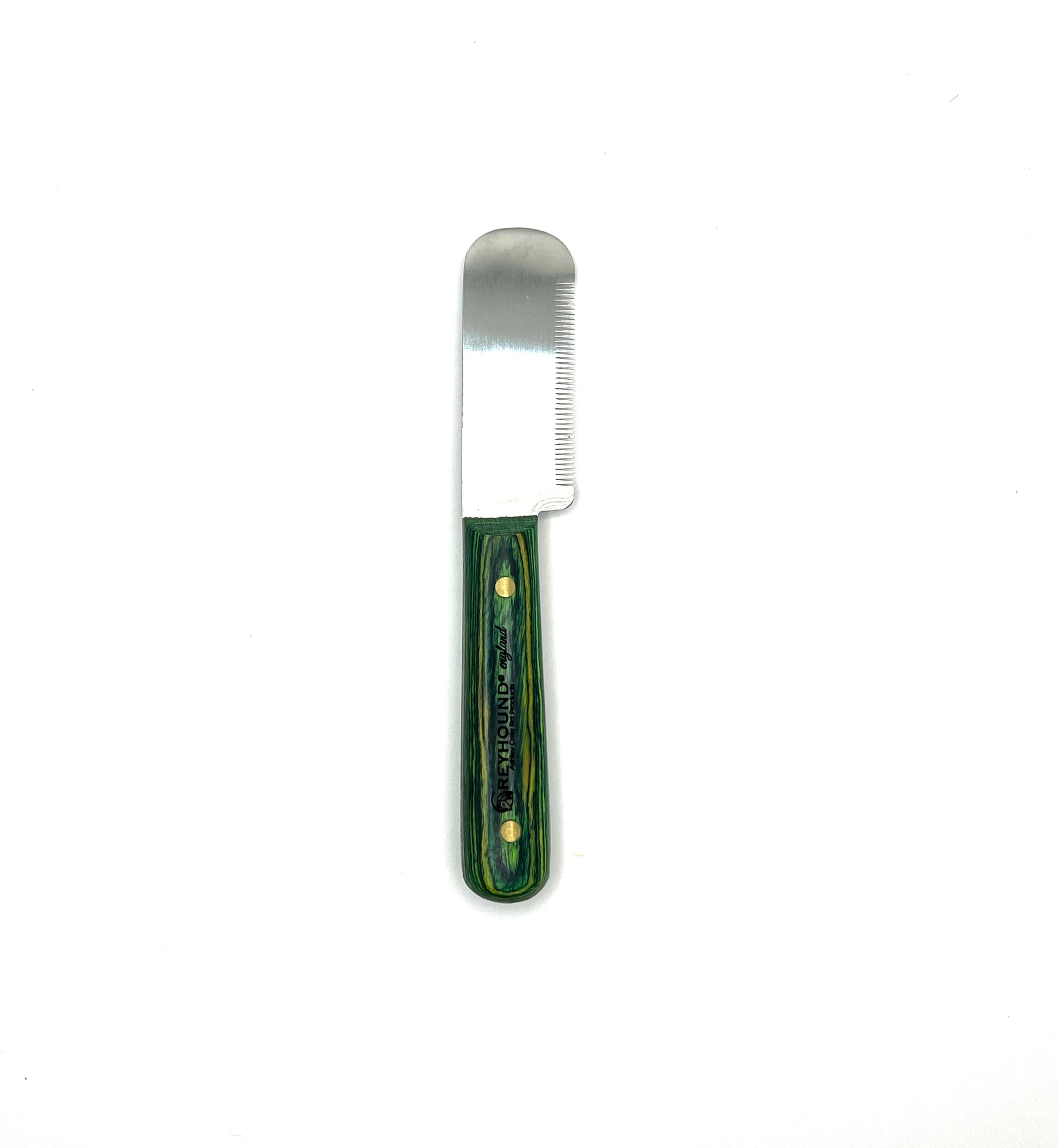 These larger grip handled carding tools by Greyhound were designed for comfort and to lessen hand fatigue. The larger blade works well to card coarser coat while the finer tool grips more coat. The ergonomic wood handle is created to maximize comfort with a smooth finish wrapped around 3 sides. Comes in Right or Left Handed styles. Fine Teeth, Left Handed.