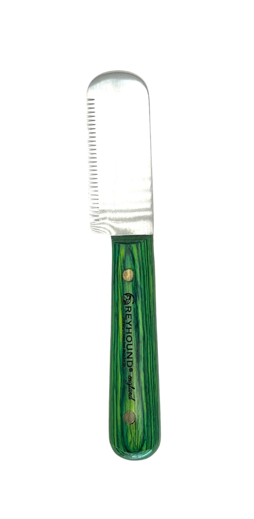 These larger grip handled carding tools by Greyhound were designed for comfort and to lessen hand fatigue. The larger blade works well to card coarser coat while the finer tool grips more coat. The ergonomic wood handle is created to maximize comfort with a smooth finish wrapped around 3 sides. Medium Teeth, right handed.