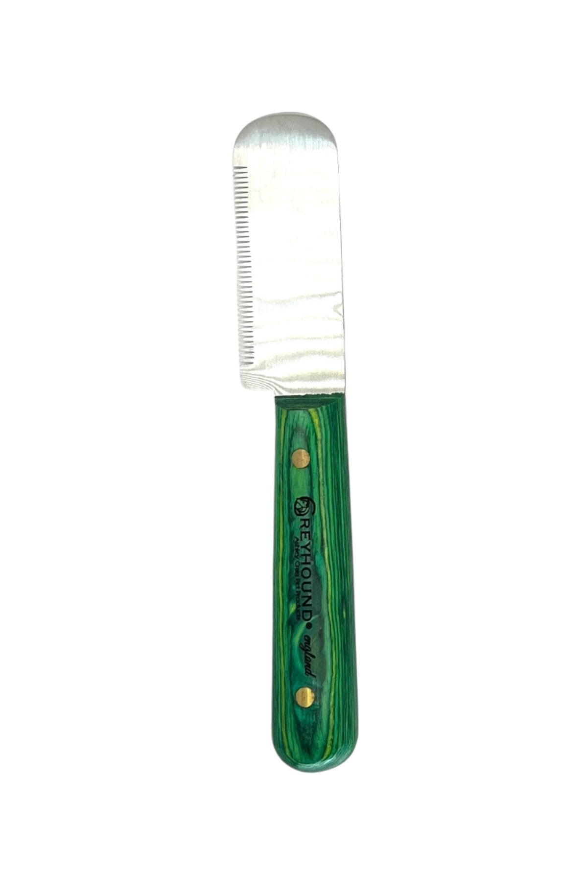 These larger grip handled carding tools by Greyhound were designed for comfort and to lessen hand fatigue. The larger blade works well to card coarser coat while the finer tool grips more coat. The ergonomic wood handle is created to maximize comfort with a smooth finish wrapped around 3 sides. Fine Teeth, right handed.