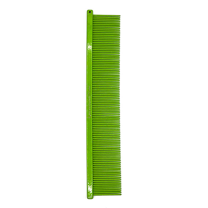 The Fine Greyhound Comb Finesse Collection features a 7.6"L x 1.4"W extra fine tine for unrivaled styling control. This design is great for detecting tangles and smoothing most coat types.  Lime Green Sparkle.