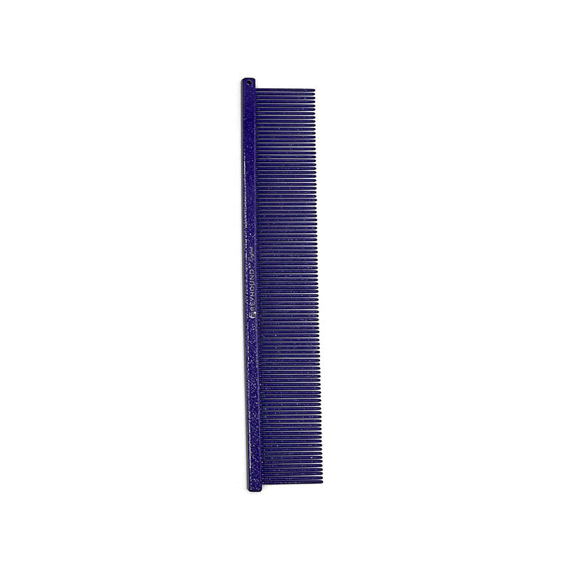 The Fine Greyhound Comb Finesse Collection features a 7.6"L x 1.4"W extra fine tine for unrivaled styling control. This design is great for detecting tangles and smoothing most coat types.  Purple Sparkle.