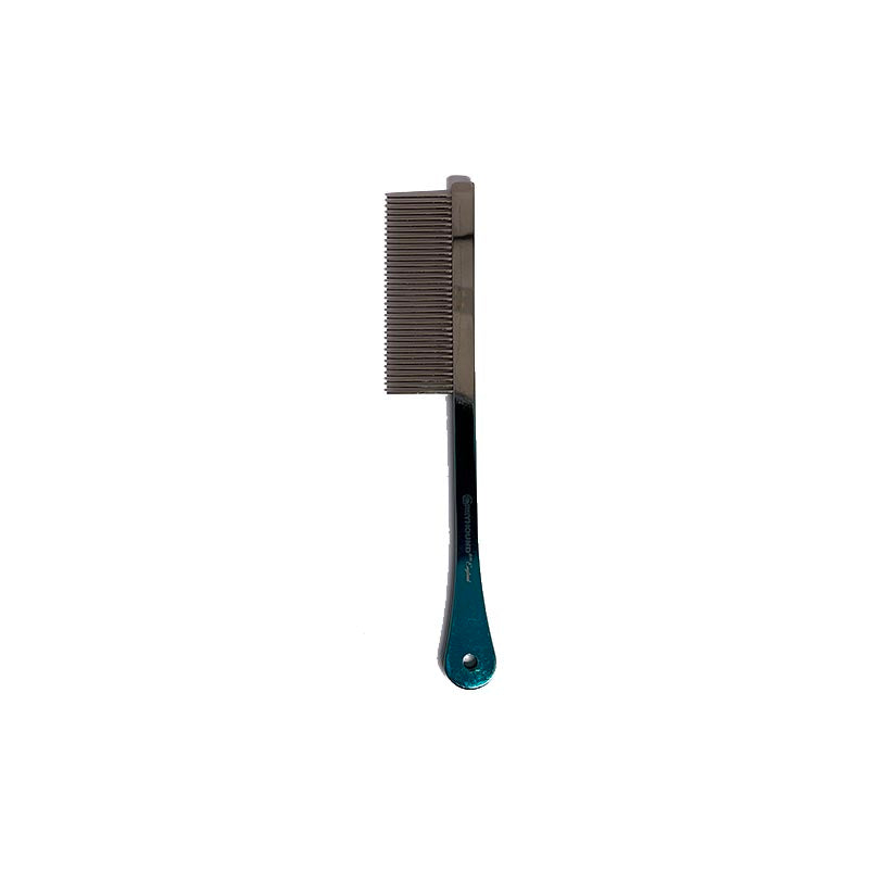 The Multi Length Greyhound Handle Comb Handy Collection features 7.25."L handled comb with fine multi length tines. Designed with a slightly heavier handle for better balance, this metal handled comb is ideal for teasing and backcombing areas such as the head, face, ears, and feet or for quick, last-minute smoothing touches before competition. Available in purple.