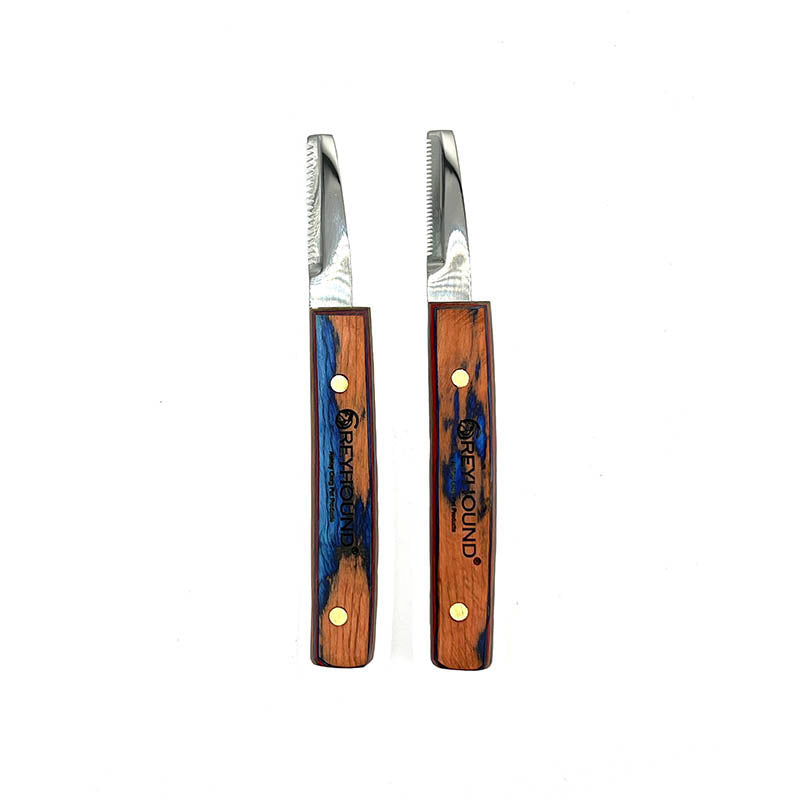Greyhound Retro Style hand stripping tools were designed for comfort and to lessen hand fatigue. These longer, slimmer blade works great for finishing details and rolling the coat. The ergonomic tropical wood handle is created to maximize comfort with a smooth finish wrapped around 3 sides. This set is for Right Hand dominant users. Left Hand dominant tools are available upon request. Tropical hardwoods are subject to variation and actual wood handle color and graining may vary slightly. Right Handed.