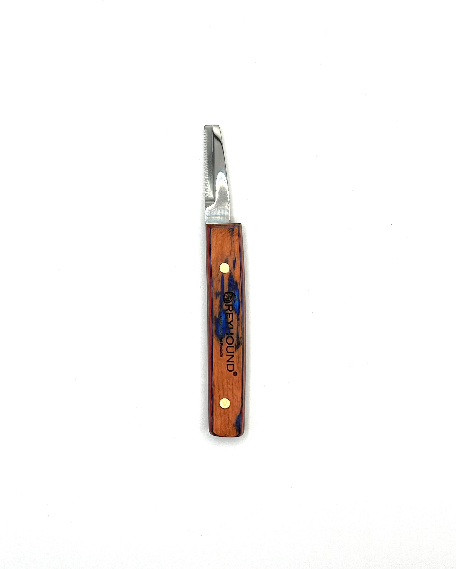 Greyhound Retro Style hand stripping tools were designed for comfort and to lessen hand fatigue. These longer, slimmer blade works great for finishing details and rolling the coat. The ergonomic wood handle is created to maximize comfort with a smooth finish wrapped around 3 sides.  Fine, right handed.