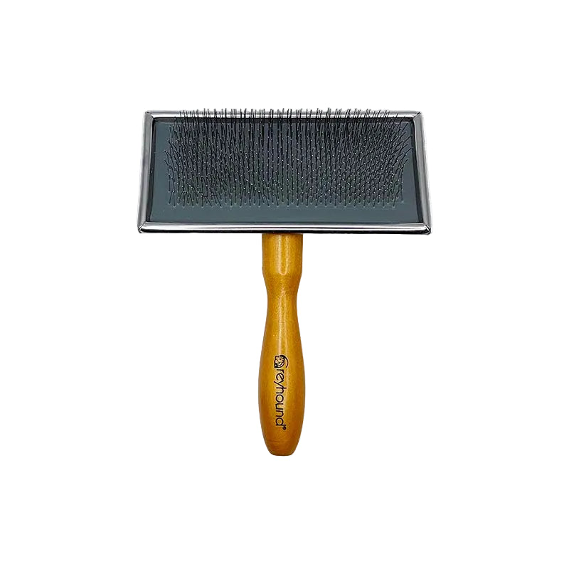 Greyhound Professional Wood Handled Pet Slicker Brush is ideal for smaller hand and for use with finishing dryers. The brush features a floating pad with gentle 10mm pins.