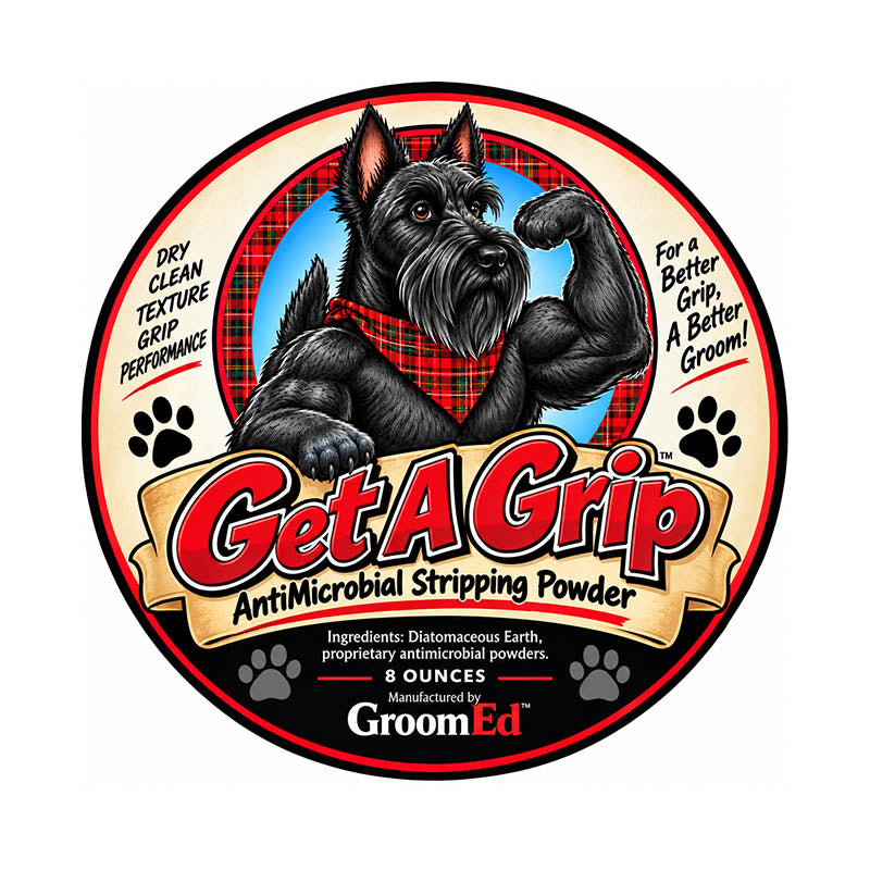 Get A Grip makes it easier to grasp and pull only the dead coat you want thus preserving coat texture and color for many terriers and sporting breeds. By applying the powder thoroughly within the coat, it will not only absorb excess oils and improve grip but contains antimicrobial powders for sensitive skin. This cosmetic, in-house formulated proprietary blend is non-toxic, non-talc, non-chalk based using natural ingredients.