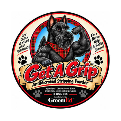 Get A Grip makes it easier to grasp and pull only the dead coat you want thus preserving coat texture and color for many terriers and sporting breeds. By applying the powder thoroughly within the coat, it will not only absorb excess oils and improve grip but contains antimicrobial powders for sensitive skin. This cosmetic, in-house formulated proprietary blend is non-toxic, non-talc, non-chalk based using natural ingredients.