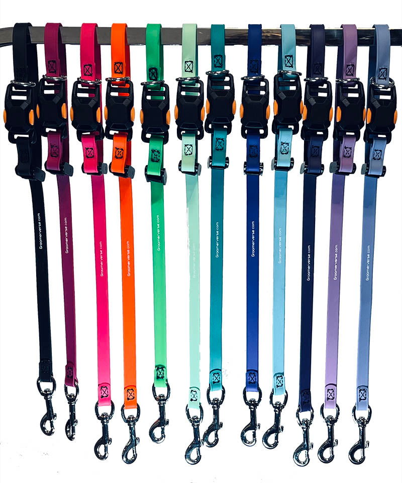Our 24" grooming loops with a unique magnetic safety lock, swivel clasp, and an additional safety ring are perfect for table to tub use. The safety ring allows for the loop to be attached to our Biothane safety tether.&nbsp; Avoid having to work with several different styles of loops. Biothane is easy to clean, odor resistant and comes in a variety of colors allowing for visual organization or a stylized workspace.