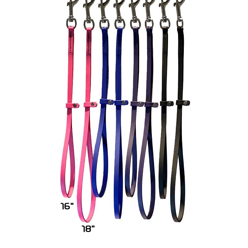 These patent pending grooming loops are 18" long and made from USA manufactured and produced heavy duty BioThane Beta 520. This durable, non-porous material is ideal for long lasting, odor free grooming equipment. The polyester nylon webbing core covered with a TPU coating, making it strong and flexible. Heavy stitching allows for the material to hold up to all types of tugging. Size Difference.