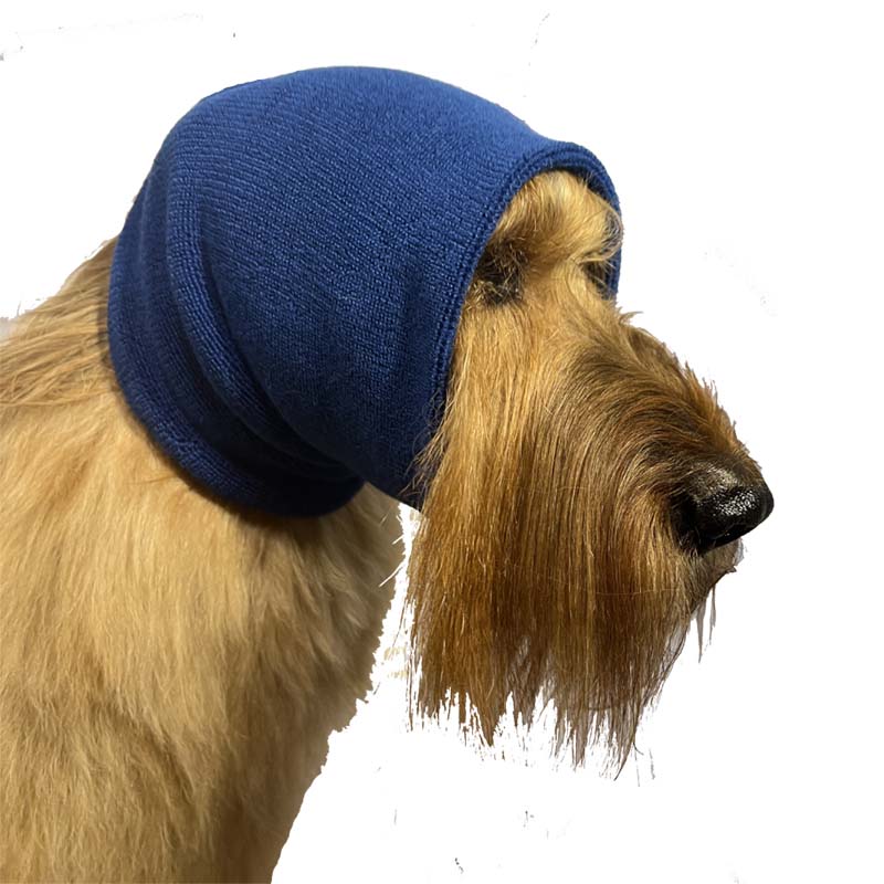 The Happy Hoodie® is the original Head Hug for Pets™. This product muffles the loud noise from velocity driers and keeps the high-pressured, blown air away from the ear canals while absorbing moisture from ears and head, speeding up dry times. Happy Hoodie. Extra Large Blue on Briard.
