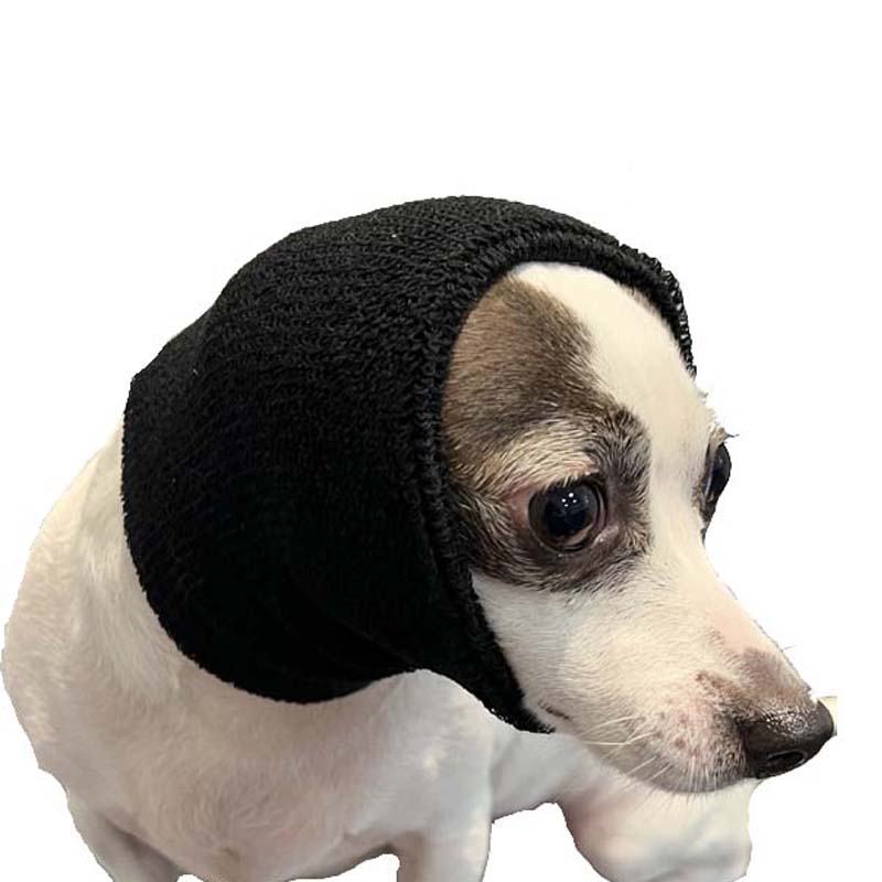 The Happy Hoodie® is the original Head Hug for Pets™. This product muffles the loud noise from velocity driers and keeps the high-pressured, blown air away from the ear canals while absorbing moisture from ears and head, speeding up dry times. Happy Hoodie Black Extra Small on Chihuahua Mix.