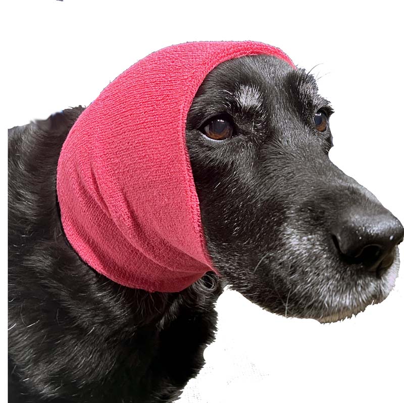 The Happy Hoodie® is the original Head Hug for Pets™. This product muffles the loud noise from velocity driers and keeps the high-pressured, blown air away from the ear canals while absorbing moisture from ears and head, speeding up dry times. Happy Hoodie. Pink Medium to Large on Black Labrador.