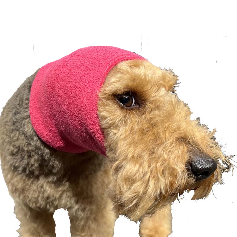 The Happy Hoodie® is the original Head Hug for Pets™. This product muffles the loud noise from velocity driers and keeps the high-pressured, blown air away from the ear canals while absorbing moisture from ears and head, speeding up dry times. Happy Hoodie Small Pink on Welch Terrier.