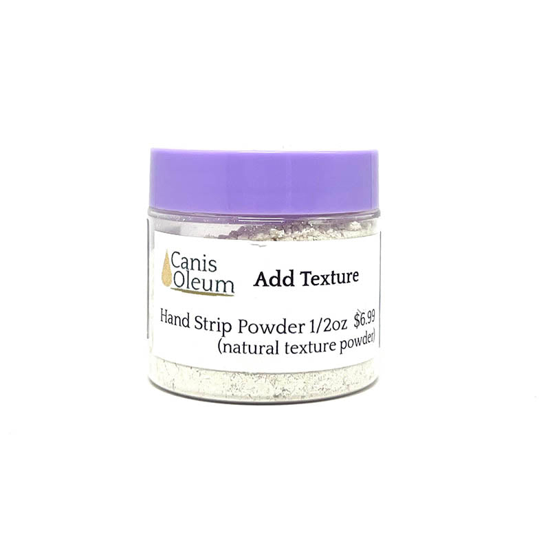 Canis Oleum Add Texture is a soft texturizing powder minus the stickiness or clumping found with liquid products. Lift coat to improve scissoring without coating your scissors with a sticky, wet substance or add to areas to boosts volume without resorting to heavy sprays which may contain toxins or cause lung irritation. Additionally, the powder can be used for hand stripping making it easier to grasp and pull only the dead coat you want preserving coat texture and color for terriers and sporting breeds.