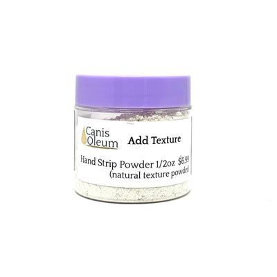 Canis Oleum Add Texture is a soft texturizing powder minus the stickiness or clumping found with liquid products. Lift coat to improve scissoring without coating your scissors with a sticky, wet substance or add to areas to boosts volume without resorting to heavy sprays which may contain toxins or cause lung irritation. Additionally, the powder can be used for hand stripping making it easier to grasp and pull only the dead coat you want preserving coat texture and color for terriers and sporting breeds.