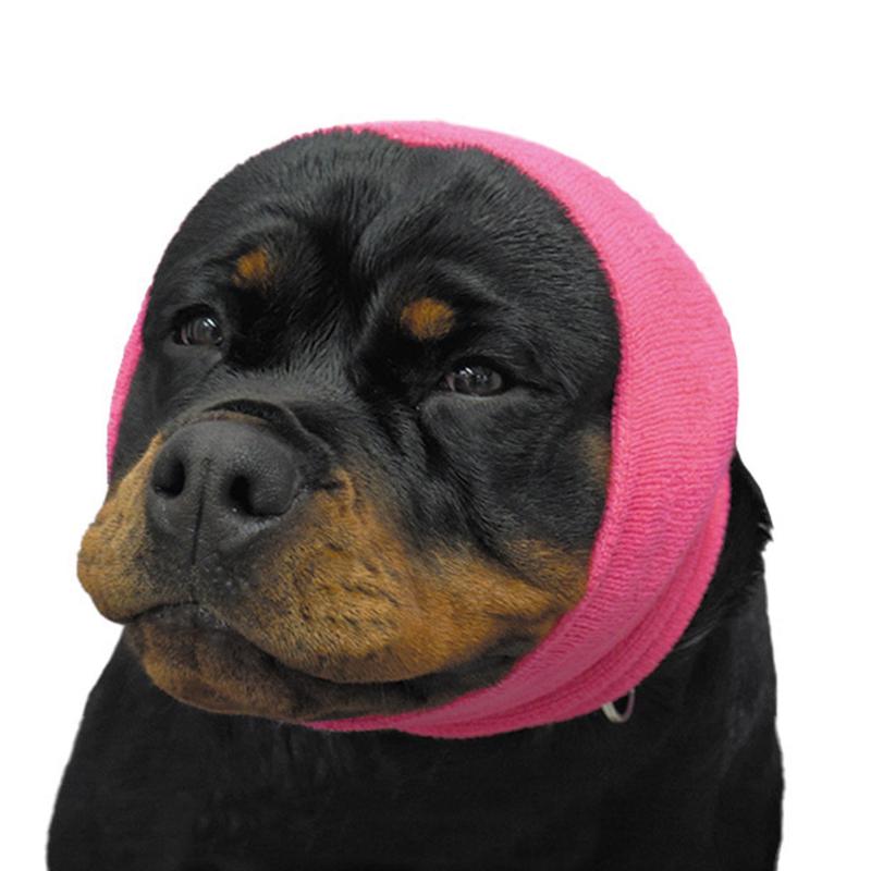 The Happy Hoodie® is the original Head Hug for Pets™. This product muffles the loud noise from velocity driers and keeps the high-pressured, blown air away from the ear canals while absorbing moisture from ears and head, speeding up dry times. Happy Hoodie Pink Extra Large on Rotweiller.