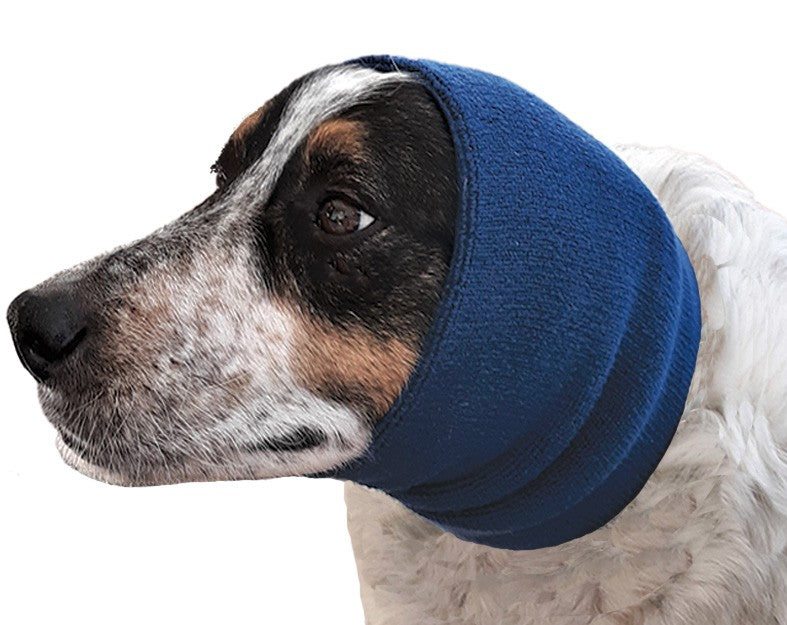The Happy Hoodie® is the original Head Hug for Pets™. This product muffles the loud noise from velocity driers and keeps the high-pressured, blown air away from the ear canals while absorbing moisture from ears and head, speeding up dry times. Happy Hoodie Medium to Large Blue on Hound..