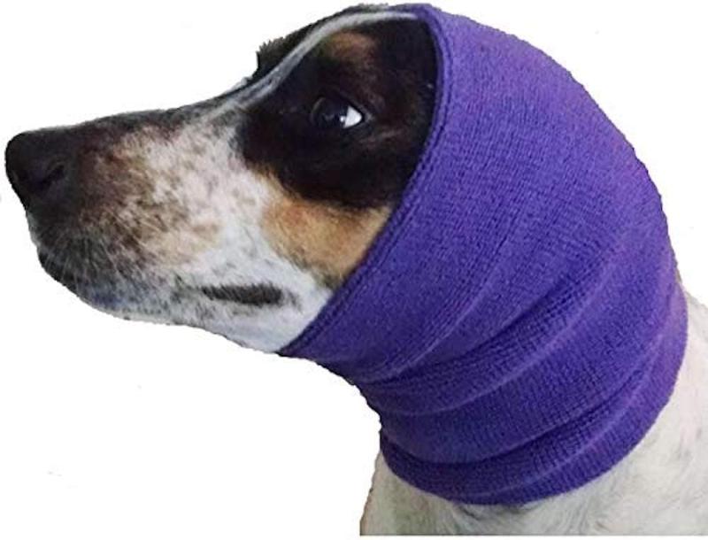 The Happy Hoodie® is the original Head Hug for Pets™. This product muffles the loud noise from velocity driers and keeps the high-pressured, blown air away from the ear canals while absorbing moisture from ears and head, speeding up dry times. Med/Large Purple on hound.