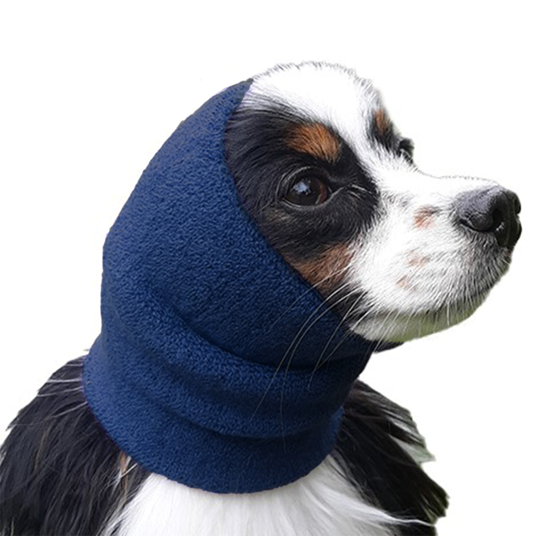 The Happy Hoodie® is the original Head Hug for Pets™. This product muffles the loud noise from velocity driers and keeps the high-pressured, blown air away from the ear canals while absorbing moisture from ears and head, speeding up dry times. Happy Hoodie Small Blue on Mini Aussie.
