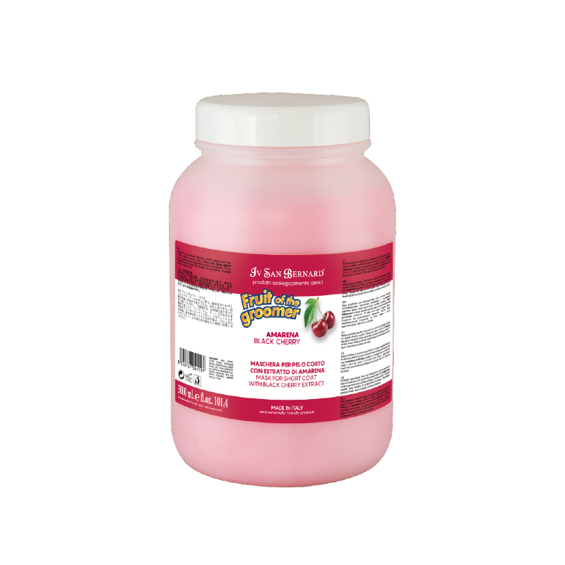 Iv San Bernard Black Cherry  Pet Conditioner, designed for short coats, is enriched with silk proteins to soften and strengthen this coat type while providing vitality and suppleness. Black cherry works for all skin types and known or its anti-inflammatory properties to help seal in moisture. 3000ml.
