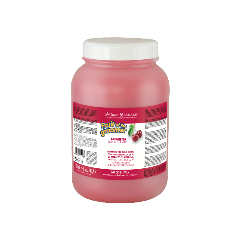 This Black Cherry Pet Shampoo, designed for short coats, is enriched with silk proteins to soften and strengthen this coat type while providing vitality and suppleness. Black cherry provides vitamins and nutrients for healthy hair growth and prevents damage by aiding cell regeneration. Black cherry is known for its anti-inflammatory benefits and works on all skin types. 3250ml.