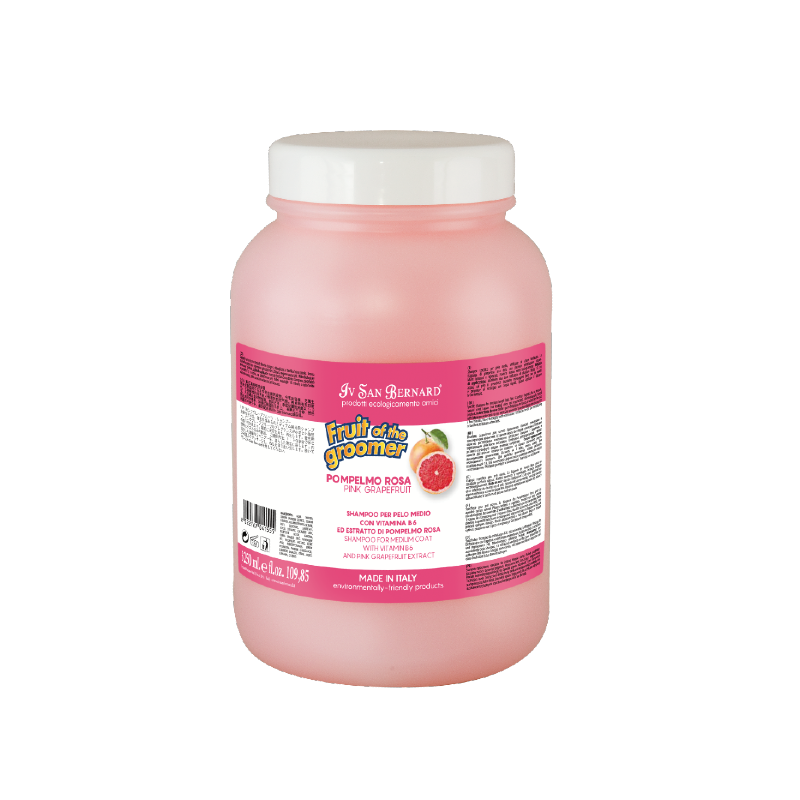 Iv San Bernard Pink Grapefruit Pet Shampoo, designed for medium coats, utilizes the natural antiseptic and oil-regulating properties of grapefruit to rebalance and tone the coat for a rejuvenated appearance. Containing essential vitamins, and high concentrations of Vitamin C, this targeted formula leaves medium coats shiny and regenerated. 3250ml