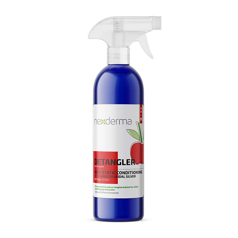 Nexderma Anti-Static Detangling Pet Conditioning Spray helps de-tangle pet’s coats with ease. This highly specialized no-rinse formula with coconut and oat extract, castor oil and Vitamin E makes the coat feel luxuriously soft while quickly untangling difficult mats. The additional silver nanoparticles provide natural antifungal and antimicrobial protection to guard against skin issues, fungal infections, wounds, and more. Added natural essential oils leave a pleasant scent. Apple 16oz