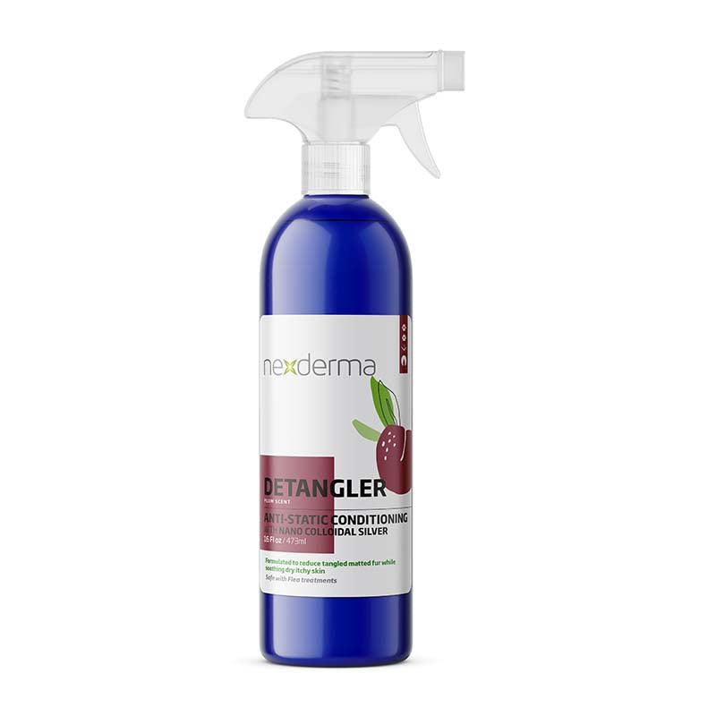 Nexderma Anti-Static Detangling Pet Conditioning Spray helps de-tangle pet’s coats with ease. This highly specialized no-rinse formula with coconut and oat extract, castor oil and Vitamin E makes the coat feel luxuriously soft while quickly untangling difficult mats. The additional silver nanoparticles provide natural antifungal and antimicrobial protection to guard against skin issues, fungal infections, wounds, and more. Added natural essential oils leave a pleasant scent. Plum 16oz