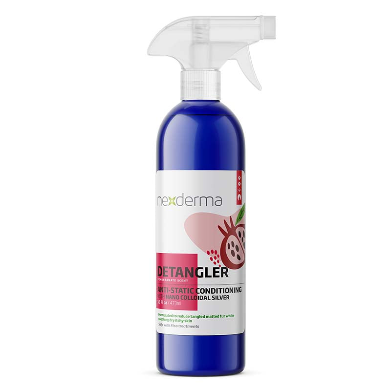 Nexderma Anti-Static Detangling Pet Conditioning Spray helps de-tangle pet’s coats with ease. This highly specialized no-rinse formula with coconut and oat extract, castor oil and Vitamin E makes the coat feel luxuriously soft while quickly untangling difficult mats. The additional silver nanoparticles provide natural antifungal and antimicrobial protection to guard against skin issues, fungal infections, wounds, and more. Added natural essential oils leave a pleasant scent. Pomegrante 16oz