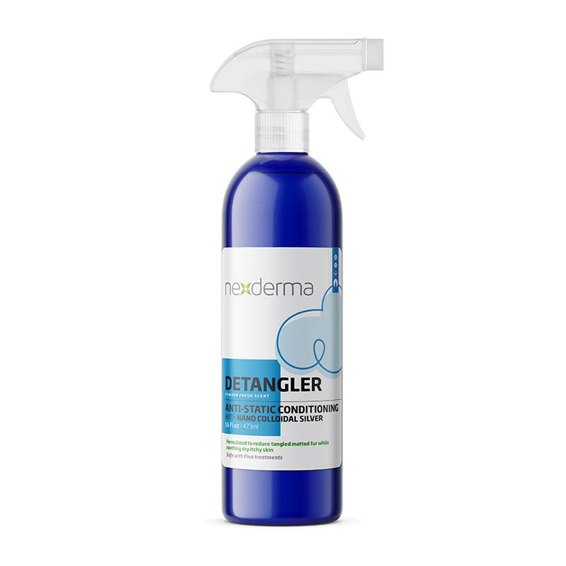 Nexderma Anti-Static Detangling Pet Conditioning Spray helps de-tangle pet’s coats with ease. This highly specialized no-rinse formula with coconut and oat extract, castor oil and Vitamin E makes the coat feel luxuriously soft while quickly untangling difficult mats. The additional silver nanoparticles provide natural antifungal and antimicrobial protection to guard against skin issues, fungal infections, wounds, and more. Added natural essential oils leave a pleasant scent. Powder Fresh 16oz