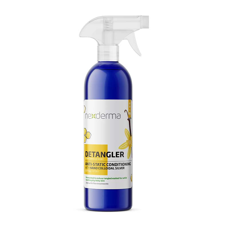 Nexderma Anti-Static Detangling Pet Conditioning Spray helps de-tangle pet’s coats with ease. This highly specialized no-rinse formula with coconut and oat extract, castor oil and Vitamin E makes the coat feel luxuriously soft while quickly untangling difficult mats. The additional silver nanoparticles provide natural antifungal and antimicrobial protection to guard against skin issues, fungal infections, wounds, and more. Added natural essential oils leave a pleasant scent. Vanilla 16oz