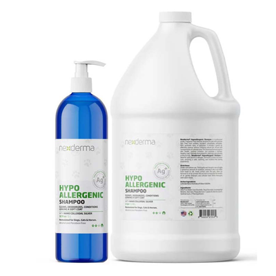 Nexderma Hypoallergenic professional-grade pet shampoo is a gentle, fragrance free cleanser designed for sensitive skin perfect for allergy-prone pets that are not actively experiencing an allergic issues. The no scent formula has been enriched with Aloe Vera, Jojoba Oil, Olive Oil and Glycerin for added hydration without causing skin issues.