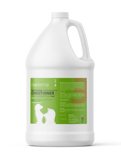 Nexderma pet moisturizing hydrocortisone conditioner with triple action effectively hydrates and relieves dry, itchy skin, and helps to detangle fur and eliminate matting, leaving your pet's coat soft and glossy. This hypoallergenic conditioner for sensitive skin uses cosmetic mineral oil which creates a barrier on the skin to lock in moisture while not clogging pores. Hydrocortisone instantly relieves itchy symptoms and reduces inflammation. 1 Gallon.