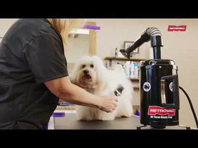 The Metrovac Air Force® Commander® Handsfree™ Professional Pet Dryer combines the flexibility of a stand dryer with the speed of a velocity dryer, making hands-free grooming easier. Includes Stay-put Hose, variable settings, different heating options, and multiple attachments  working on all breeds and coat types. 