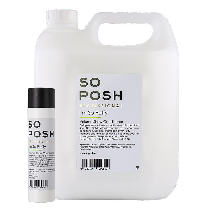 So Posh I'm So Puffy Shampoo is a deep cleaning volumizer that maintains texture with additional hydration and vitamins to strengthen the coat while combating breakage. This formula works great with breeds that need extra volume such as the Poodles, Bichon Frise, Pomeranian or Samoyed.