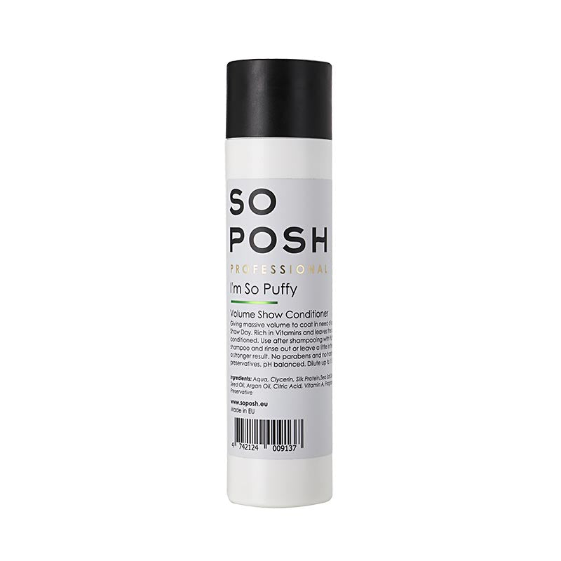 So Posh I'm So Puffy Shampoo is a deep cleaning volumizer that maintains texture with additional hydration and vitamins to strengthen the coat while combating breakage. This formula works great with breeds that need extra volume such as the Poodles, Bichon Frise, Pomeranian or Samoyed. 8.45 oz or 250 ml.