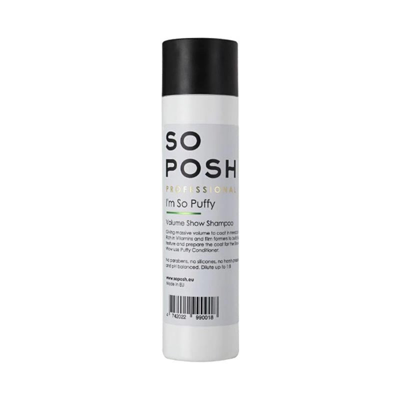 So Posh I'm So Puffy Shampoo is a deep cleaning volumizer that maintains texture helping with styling and scissoring. This formula is enriched with additional keratin and vitamins to strengthen the coat while combating breakage. This formula works great with breeds that need extra volume such as Poodles, Bichon Frises, Pomeranians, Samoyeds.