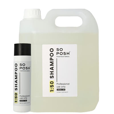 So Posh 50:1 Professional Pet Shampoo is a highly concentrated deep-cleansing formula designed for busy salons that need dependable performance without compromising quality. This gentle cleanser provides strong cleaning performance even on oily or neglected coats by effectively removing dirt, grease, and product build-up without stripping the coat.