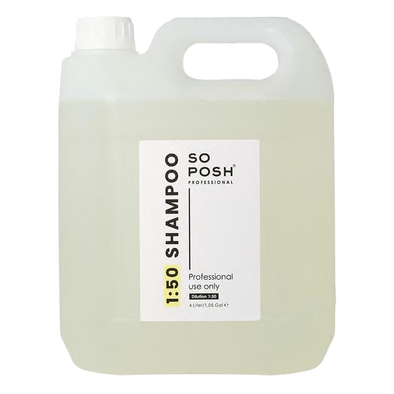 So Posh 50:1 Professional Pet Shampoo is a highly concentrated deep-cleansing formula designed for busy salons that need dependable performance without compromising quality. This gentle cleanser provides strong cleaning performance even on oily or neglected coats by effectively removing dirt, grease, and product build-up without stripping the coat. 1.06 gallon or 4 liter.