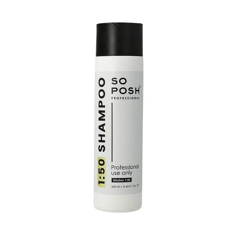 So Posh 50:1 Professional Pet Shampoo is a highly concentrated deep-cleansing formula designed for busy salons that need dependable performance without compromising quality. This gentle cleanser provides strong cleaning performance even on oily or neglected coats by effectively removing dirt, grease, and product build-up without stripping the coat. 8.45 oz. or 250 ml.