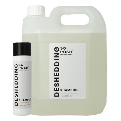 So Posh Deshedding Pet Shampoo is designed to loosen and lift dead undercoat during the bathing process as it unclogs loose coat allowing for maximum undercoat slip without the use of heavy parabens, saving time brushing and drying.