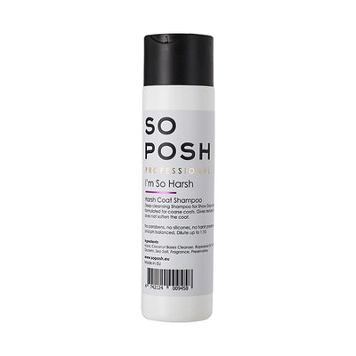 So Posh Harsh Shampoo has been specially formulated for coarse and wiry coats to ensure the perfect balance of texture and shine without softening. Sea Salt is included to help exfoliate and thicken the coat while Canola Oil and Glycerin help moisturize and reduce brittleness. Vitamin E boosts scalp health by improving coat growth while reducing dandruff.