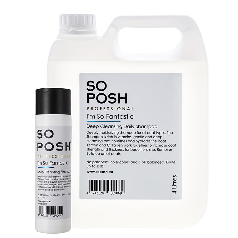 So Posh I'm So Fantastic deep-cleansing dog shampoo removes dirt, grime, and odor, leaving every coat fresh and clean. Optical brighteners work for all colors resulting in brighter whites and deeper colors. This formula is enriched with Rapeseed Oil, Vitamin E, Bio Keratin, and Hydro-Marine Collagen to deeply hydrate and soothe the skin while hydrating the coat to create shine.