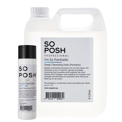 So Posh I'm So Fantastic deep-cleansing dog shampoo removes dirt, grime, and odor, leaving every coat fresh and clean. Optical brighteners work for all colors resulting in brighter whites and deeper colors. This formula is enriched with Rapeseed Oil, Vitamin E, Bio Keratin, and Hydro-Marine Collagen to deeply hydrate and soothe the skin while hydrating the coat to create shine.