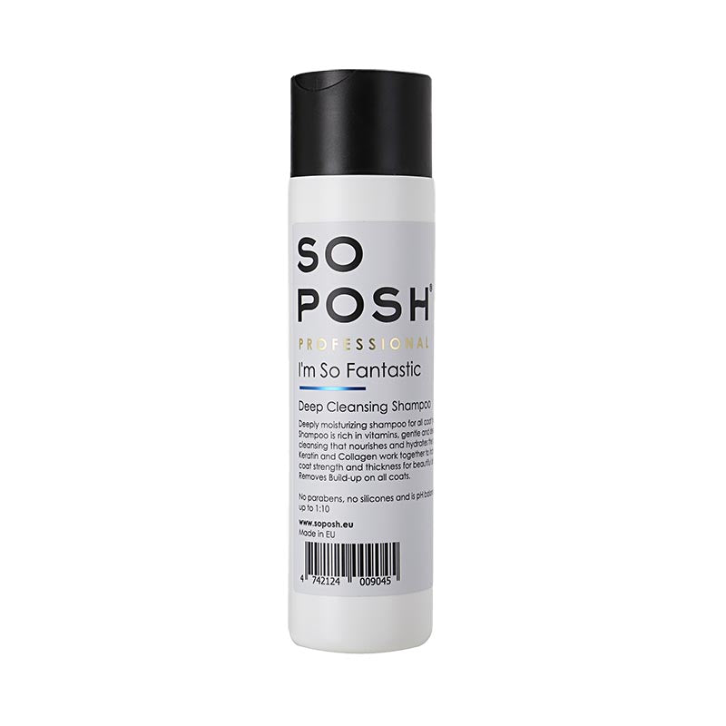 So Posh deep-cleansing dog shampoo removes dirt, grime, and odor, leaving every coat fresh and clean. Optical brighteners work for all colors resulting in brighter whites and deeper colors. This formula is enriched with Rapeseed Oil, Vitamin E, Bio Keratin, and Hydro-Marine Collagen to deeply hydrate and soothe the skin while hydrating the coat to create shine. 8.45 oz or 250 ml.