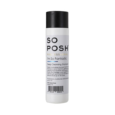 So Posh deep-cleansing dog shampoo removes dirt, grime, and odor, leaving every coat fresh and clean. Optical brighteners work for all colors resulting in brighter whites and deeper colors. This formula is enriched with Rapeseed Oil, Vitamin E, Bio Keratin, and Hydro-Marine Collagen to deeply hydrate and soothe the skin while hydrating the coat to create shine. 8.45 oz or 250 ml.