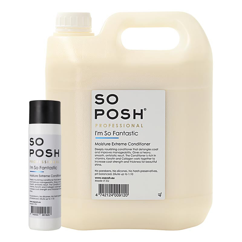 So Posh I'm So Fantastic dog conditioner for all coat types is an anti static deep moisturizing formula enriched with Argan Oil, Keratin and Collagen to deeply nourish and moisturize any coat. Each ingredient hydrates, strengthens and protects the coat while soothing the skin to support healthy growth and reduce breakage.
