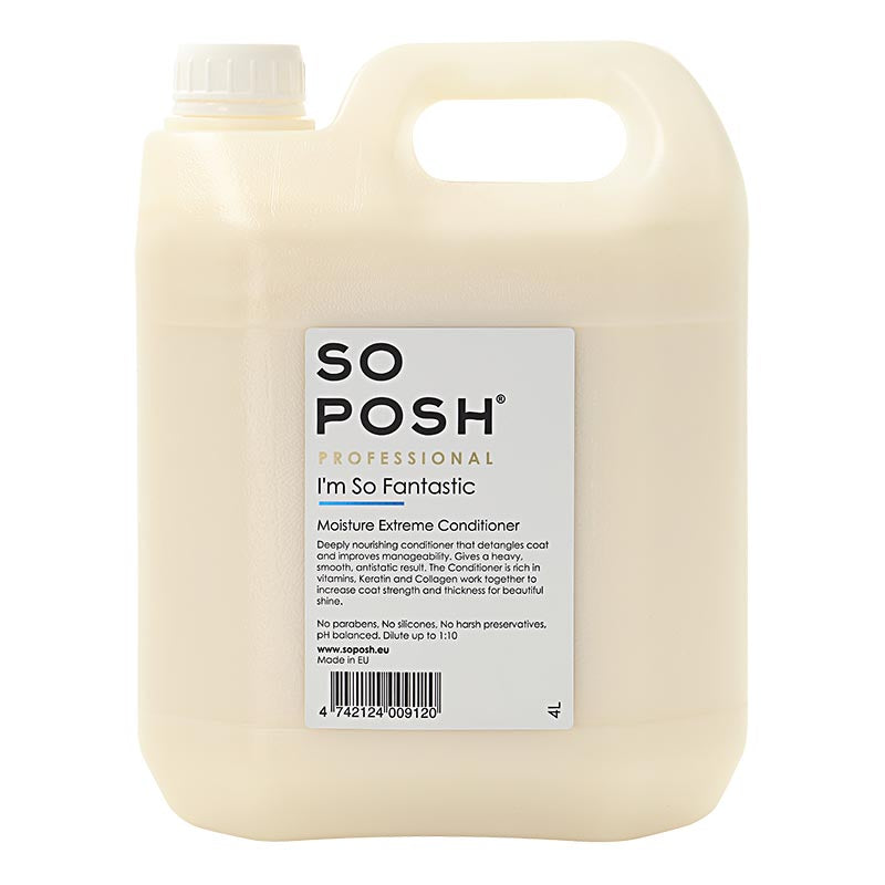 So Posh I'm So Fantastic dog conditioner for all coat types is an anti static deep moisturizing formula enriched with Argan Oil, Keratin and Collagen to deeply nourish and moisturize any coat. Each ingredient hydrates, strengthens and protects the coat while soothing the skin to support healthy growth and reduce breakage. 1.06 gallon or 4 liter.